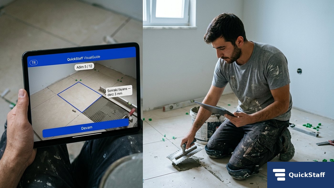 Fliesenleger im Bad mit AR-Anleitung auf Tablet