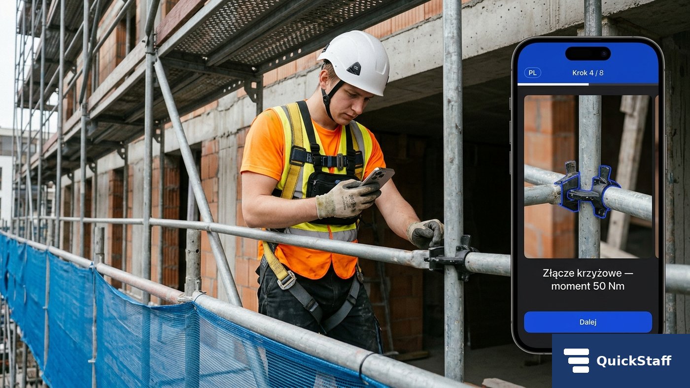 Gerüstbauer mit Helm und Smartphone, AR-Anleitung
