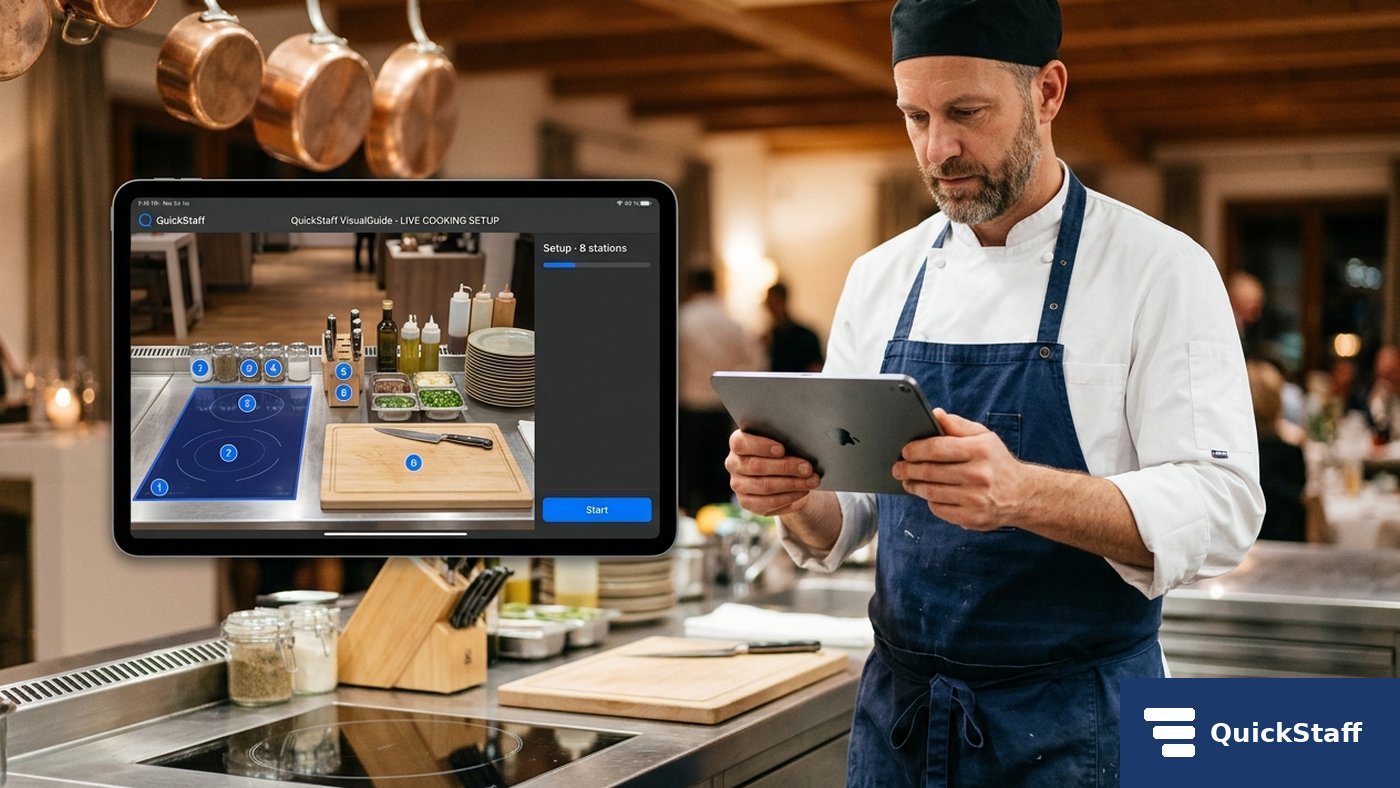 Koch in Restaurant-Küche mit Tablet, Live-Cooking-Anleitung