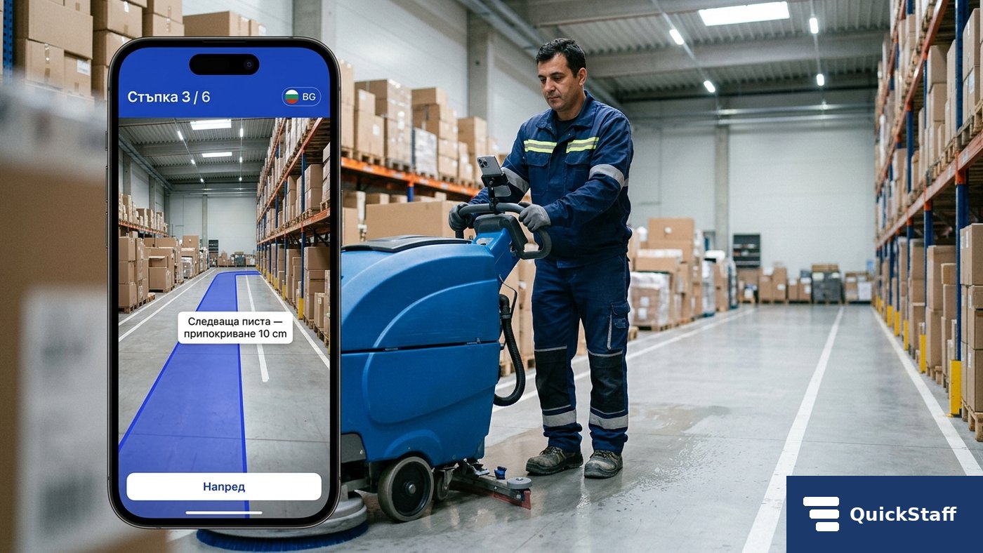 Reiniger mit Bodenscheuer-Saugmaschine im Lager, Phone-Mount