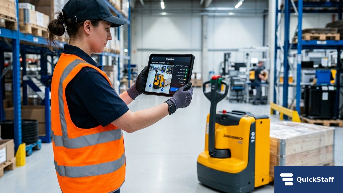 Lager-Mitarbeiterin mit Tablet vor Jungheinrich-Hubwagen
