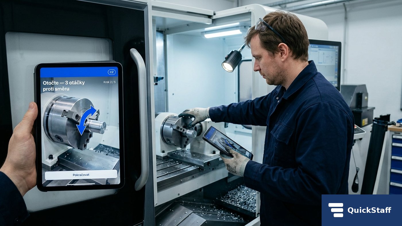 CNC-Operator am Werkstückwechsel mit AR-Tablet