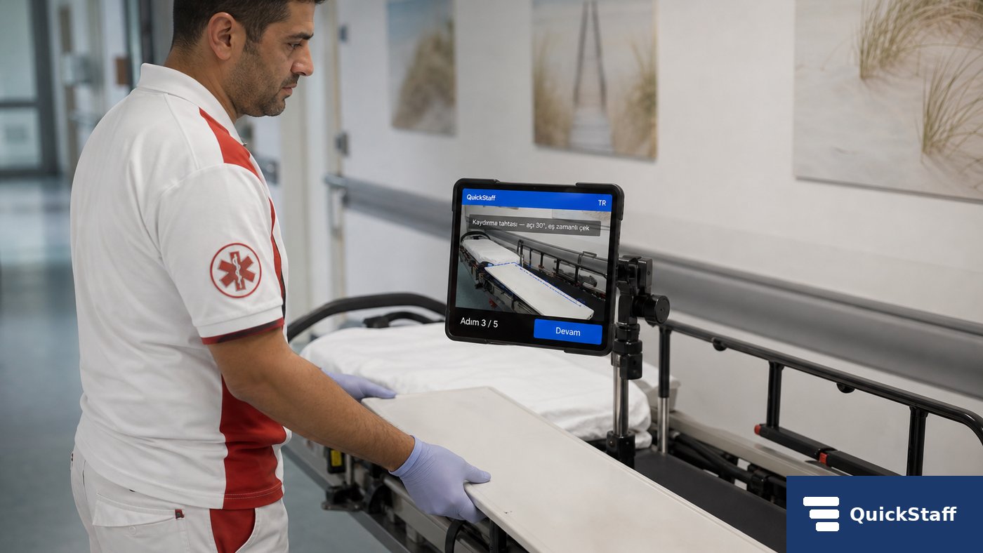 Krankentransport-Sanitäter mit Tablet auf Trolley